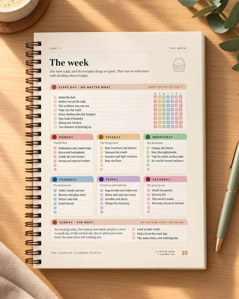The week on one page, printed in the spiral-bound planner on a light oak table