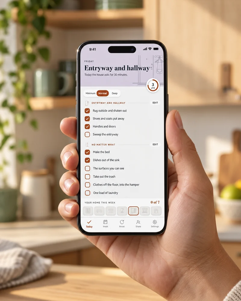 The app Your Home in Your Pocket open on a phone, Friday, 3 of 4 tasks done