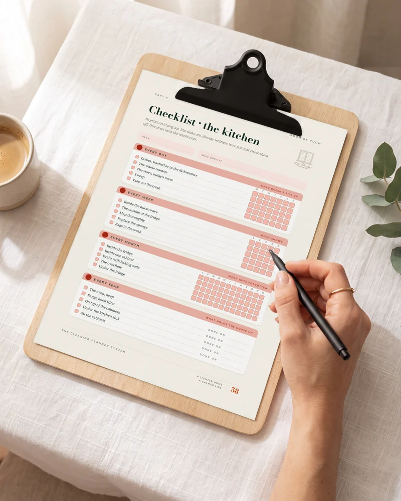 The kitchen checklist on a wooden clipboard, a hand ticking this week’s box