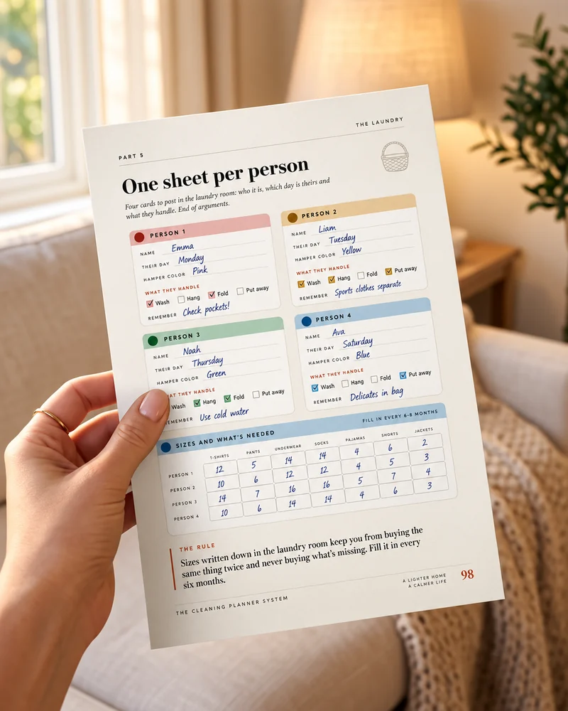 One sheet per person: four color cards for the laundry, who handles what and on which day, plus everyone’s sizes