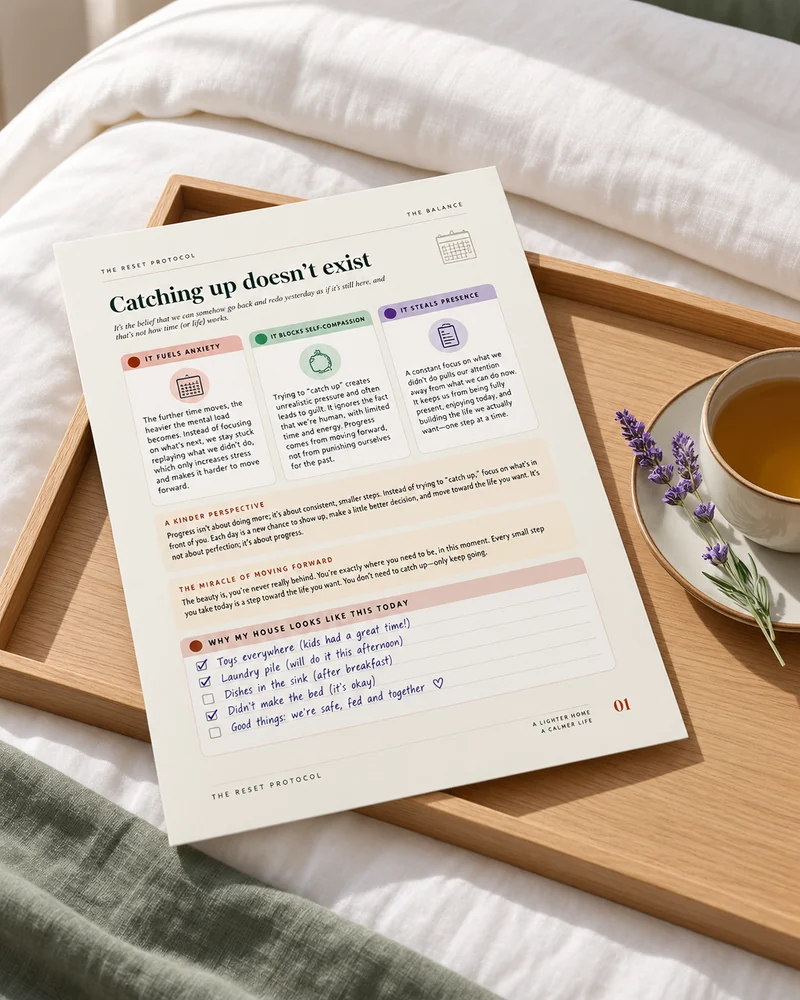 Bonus The Reset Protocol: Catching up doesn’t exist, on a breakfast tray on the bed next to a cup of tea